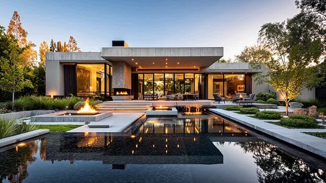 Modern house with pool and fire pits