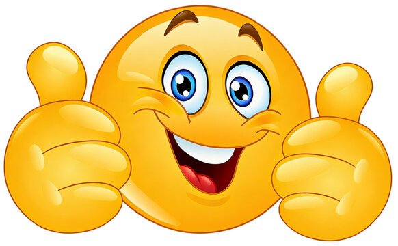 A bright yellow cartoon emoji with blue eyes, a wide smile, and both thumbs up, conveying happiness and positive emotion.
