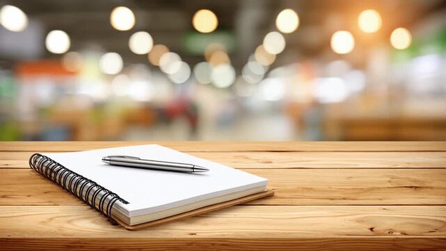 Notebook and pen on wooden table in soft focus background