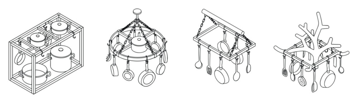 Ceiling and wall mounted pot racks for professional kitchen utensil storage