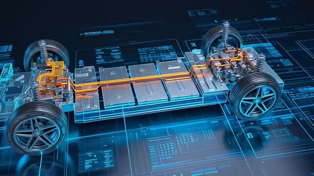 A detailed 3D rendering of an electric vehicle's battery pack and drivetrain system, showcasing its internal components and futuristic design.