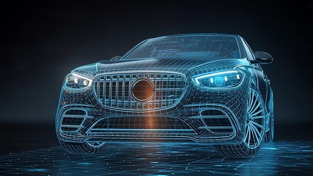 Digital wireframe model of a modern luxury car glowing with blue and orange light, representing advanced automotive technology and design.