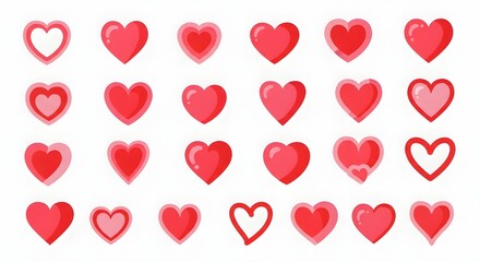 A collection of red and pink hearts of various sizes and styles, arranged neatly on a white background, symbolizing love and affection.