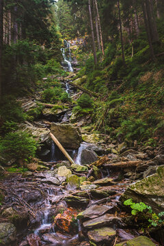 Scenic view of Vysoky vodopad (High Waterfall) cascading over rocks and fallen logs in the Jeseniky Mountains forest.