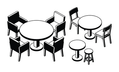 Dining tables and chairs set with stools in isometric outline style.