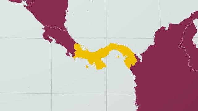 Panama map. Animated zoom into the country on the Globe in Pale Mint Dark Pink color palette. Country logo animation with round text and airplanes. Map with meridians, parallels. Neat video.