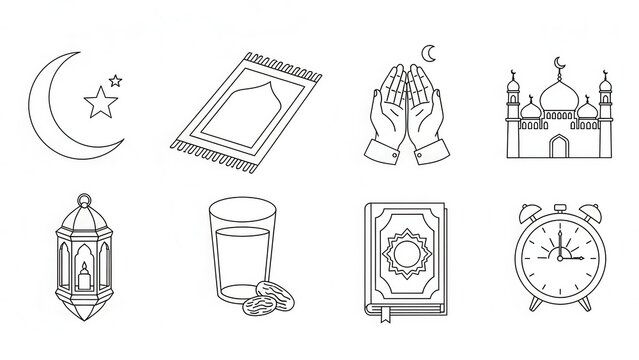 Ramadan Icons: Moon, Prayer Rug, Mosque, Lantern, Quran, Dates, Alarm Clock