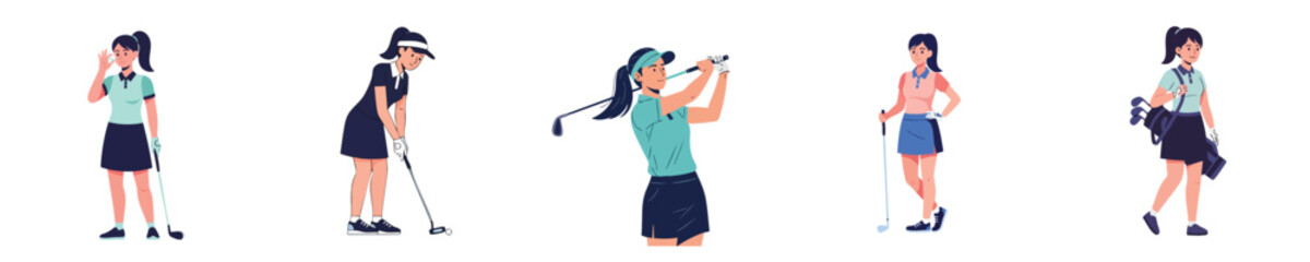 Golf Vector Woman Training Practice Outdoor Sport Character Collection