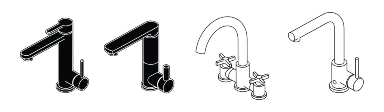 Kitchen and bathroom faucet icons in isometric line art style