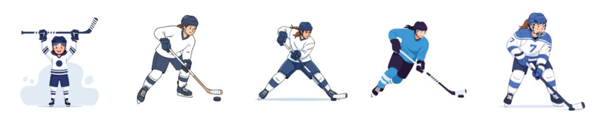 Naklejka premium Hockey Vector Characters Mixed Team Ice Sport Action Player Set