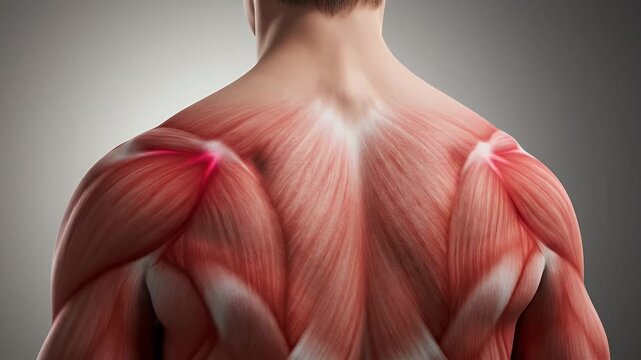 Detailed Anatomy of Human Back Muscles with Red Highlights on Gray Background Medical Illustration for Educational or
