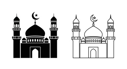 Obraz premium Vector illustration of a black silhouette and outline mosque with dome and minarets, featuring a crescent moon and star, isolated on transparent background.