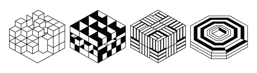 Fototapeta premium Set of four isometric cube and hexagonal patterns with various geometric and abstract designs