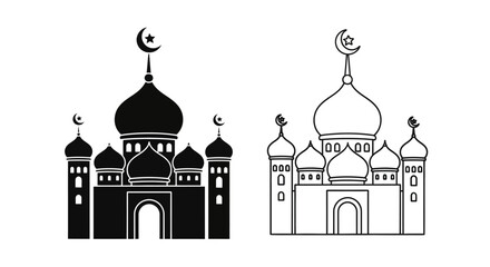 Obraz premium Vector black silhouette and outline illustration of a mosque with domes and crescent moon symbols, isolated on a transparent background.
