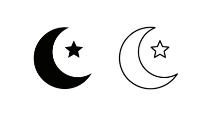 Obraz premium Vector black crescent moon and star icon set, solid and outline versions, isolated on transparent background for religious or night sky themes.