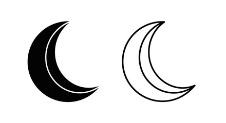 Obraz premium Minimalist vector crescent moon icon in solid black and outline styles, isolated on a transparent background, suitable for app UI and website design.