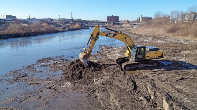 Excavator dredging riverbank in urban setting with city skyline in background