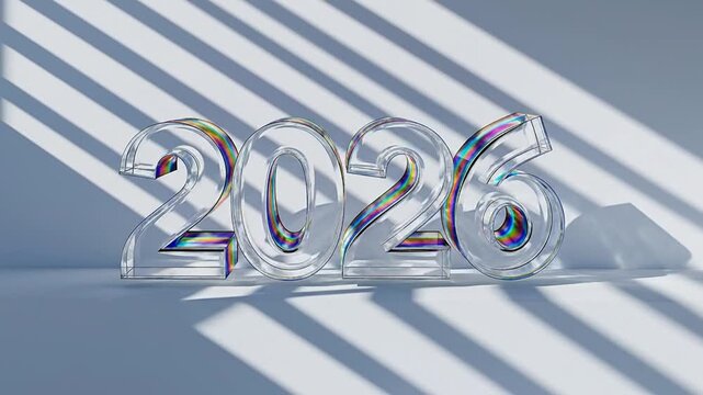 Shiny 2026 numbers on a white surface with colorful reflections and shadows