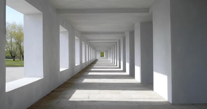 A mesmerizing, ultra-modern architectural corridor unfolds with pristine white walls and repeating structural elements. Sunlight streams through numerous open sections along one side, casting striking