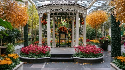 Ornamental gazebo filled with flowers in a conservatory