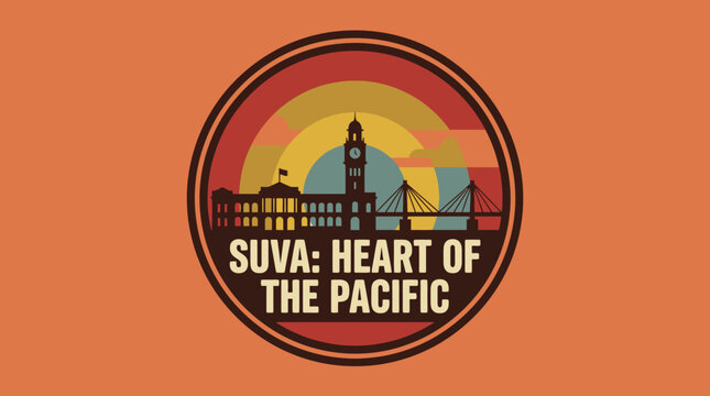 Suva Heart of the Pacific - A Vibrant Cityscape Illustration with a Retro Sunset