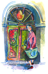 Woman Standing By Ornate Doorway