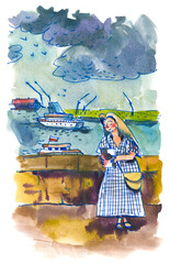 Woman Watching Boats on a Cloudy Day