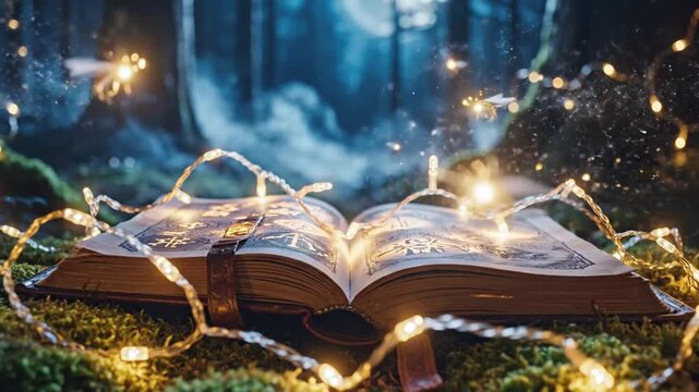 An ancient, illuminated book lies open amidst glowing fairy lights in a mysterious, enchanted forest, inviting readers into a world of magic and wonder and untold stories