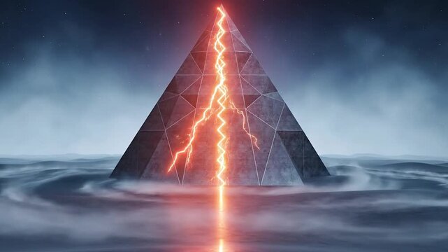 A pyramid structure emits a vibrant lightning bolt while partially submerged in turbulent water under a dramatic stormy sky.