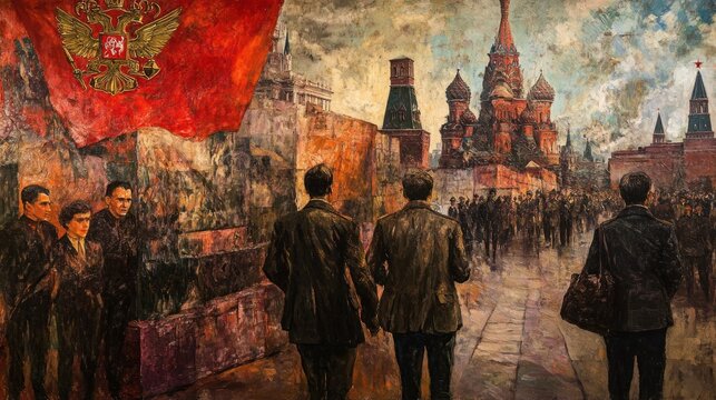 Soviet Red Square procession, 1950s, people walking, historical painting
