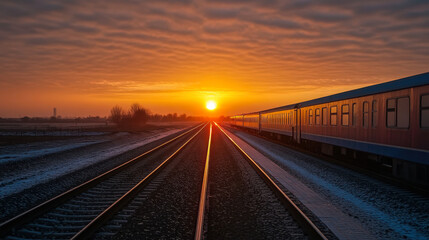 Fototapeta premium sun is setting over the railroad tracks