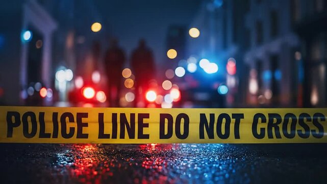 Police line blocks street at night with flashing lights nearby