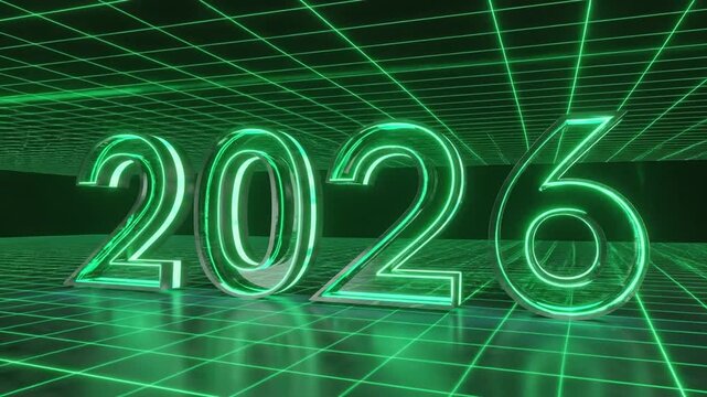 Neon green 2026 numbers on grid floor with laser beams shining