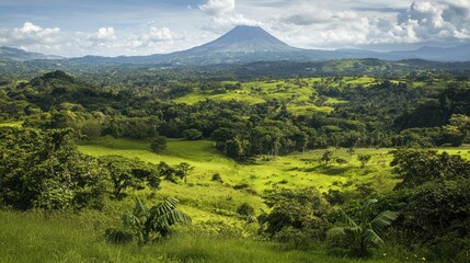 Obraz premium Lush green valley with volcano vista