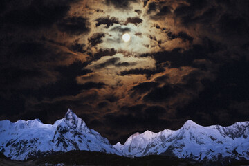 night sky with moon and mountains, nature background © runruna
