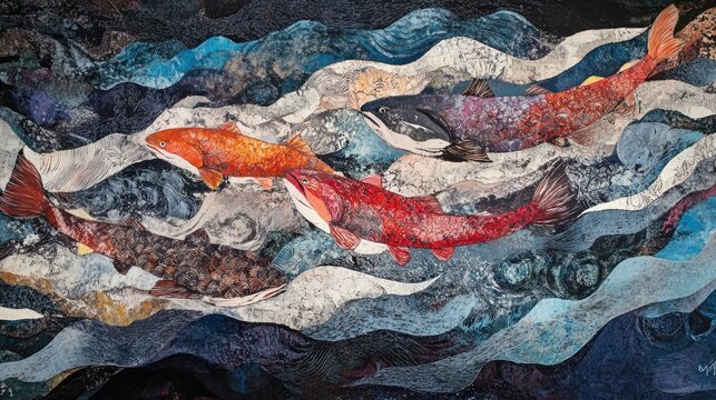 Salmon in a textured abstract water current
