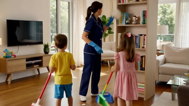 Woman and kids cleaning living room.