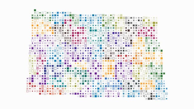 North Dakota animated shape. Pulsating colored dots on the map of the state. Small size square blocks. Digital style North Dakota map on white background. Creative animation video.