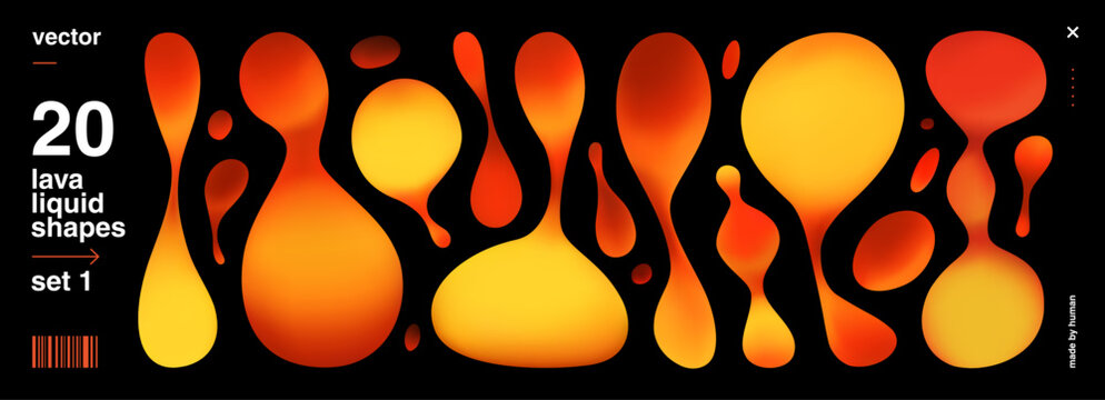 Lava 3d Gradient with Lamp Liquid Abstract as Futuristic Vibrant Set. Colorful Organic Illustration with Orange Lava Shape and Metaball Magma Blob. Background Red Lava with Effect Fluid 