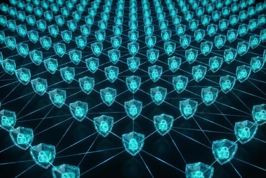 Secure digital network with glowing shield icons and connections