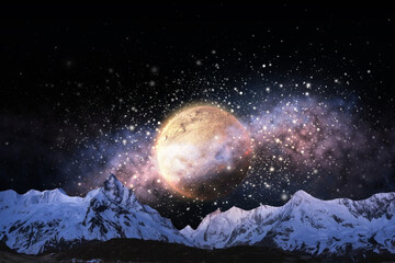night sky with moon and mountains, nature background © runruna