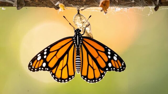 A Monarch butterfly emerges from its chrysalis, illuminated by the sun