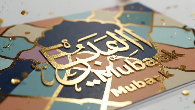 Islamic greeting card with gold Arabic calligraphy and geometric pattern