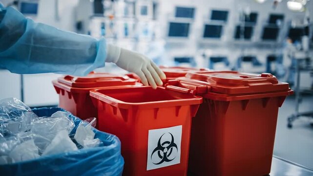 A person in protective gear disposes medical waste into a biohazard bin.