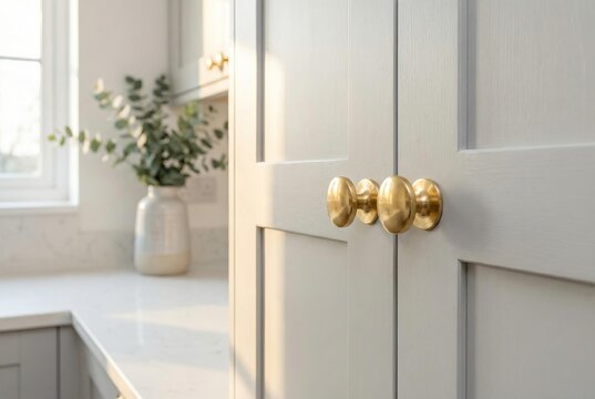 Elegant brass cabinet knobs on light grey cupboard doors in a modern kitchen