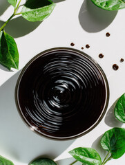 Organic compost tea liquid in glass bowl with swirling pattern surrounded by green leaves on white background, natural gardening solution and eco friendly fertilizer