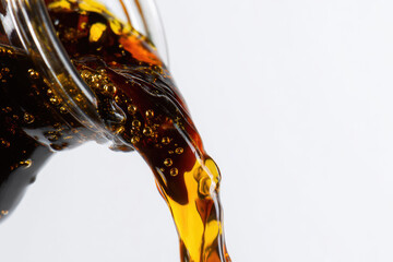 Organic compost tea liquid flows smoothly from glass container with rich brown color and visible bubbles, highlighting natural gardening solution for healthy plant growth