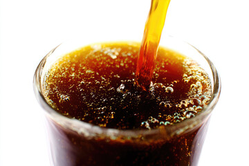 Organic compost tea liquid being poured into clear glass with bubbles and rich dark color, refreshing and natural beverage concept on white background