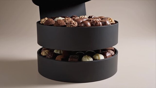A black round box opens to display a variety of chocolates, showcasing a rich assortment of textures and shapes, with a smooth background enhancing the visual appeal of the treats