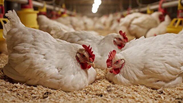 Broiler chickens resting on wood shavings in a modern poultry farm barn